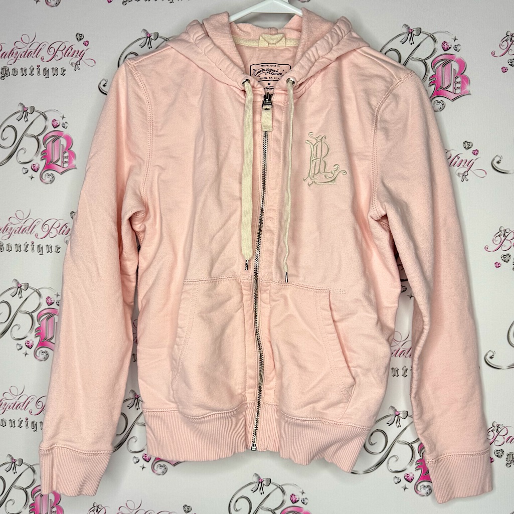 Ralph Lauren Sweater Zip Up Hoodie Embroidered Pink White Light Baby Pink Rare